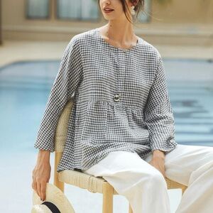 Lintico Caroline Linen Checked Long-Sleeved Top